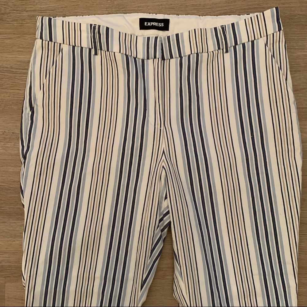 Express Columnist Mid Rise Ankle Pants Linen Blend Blue White Stripe Sz 10 Short - Picture 2 of 7